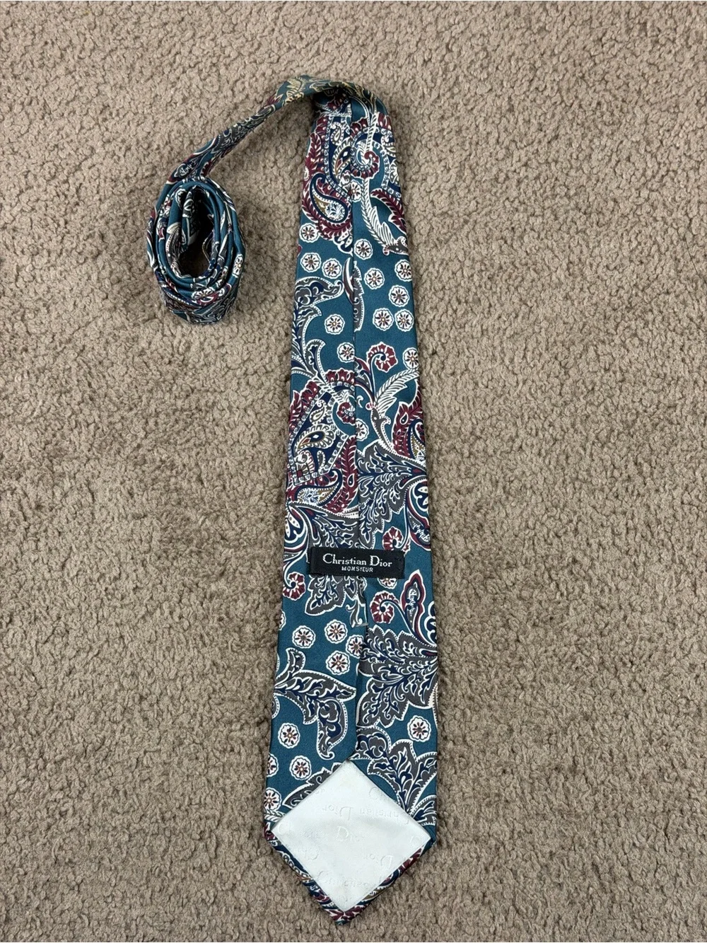 Dior Teal Paisley Tie with Burgundy and Cream Accents